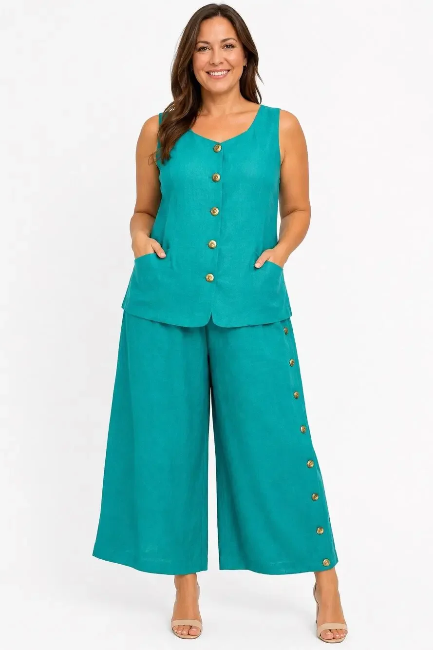 1990s Ronet Turquoise Linen Pant Set USA Women’s XL Plus Size